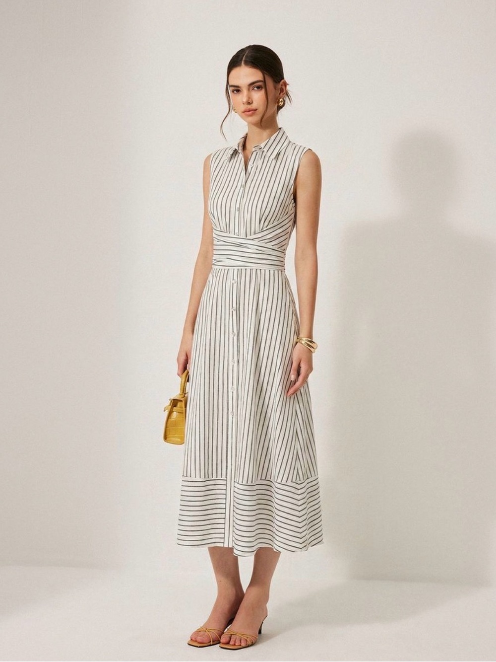 Commense Striped Collared Sleeveless Tie Waist Button-Front Midi Dress